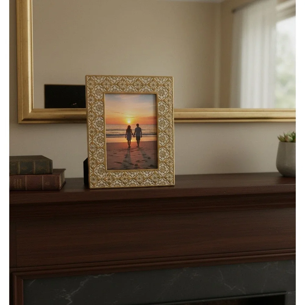 Picture Frame 5x7 in‎ Gold Floral  Picture Frame Ornate White Inlay Tabletop